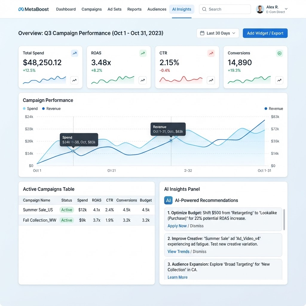 ClearSkies dashboard showing campaign performance, spend metrics and AI insights
